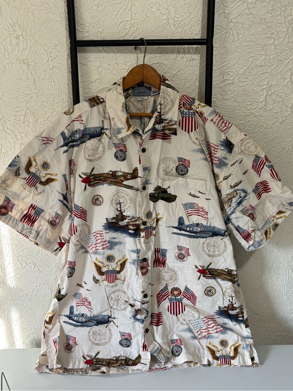 HighSeas Vintage Military Themed Button Down Shirt - White Multi Men’s XXL
